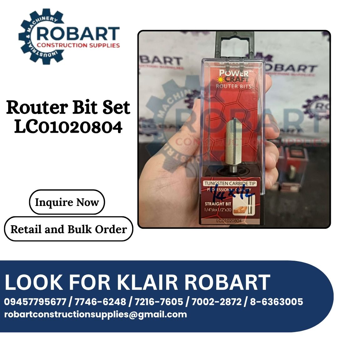 Router Bit Set (Category: Construction Tools & Equipment) located in Caloocan City. Submitted by klair_robart (Listing ID 1460937793, Image 1). Description: Router Bit Set Model: LC01020804 1/2" Straight bit price may change without prior notice message us for more inquiries.