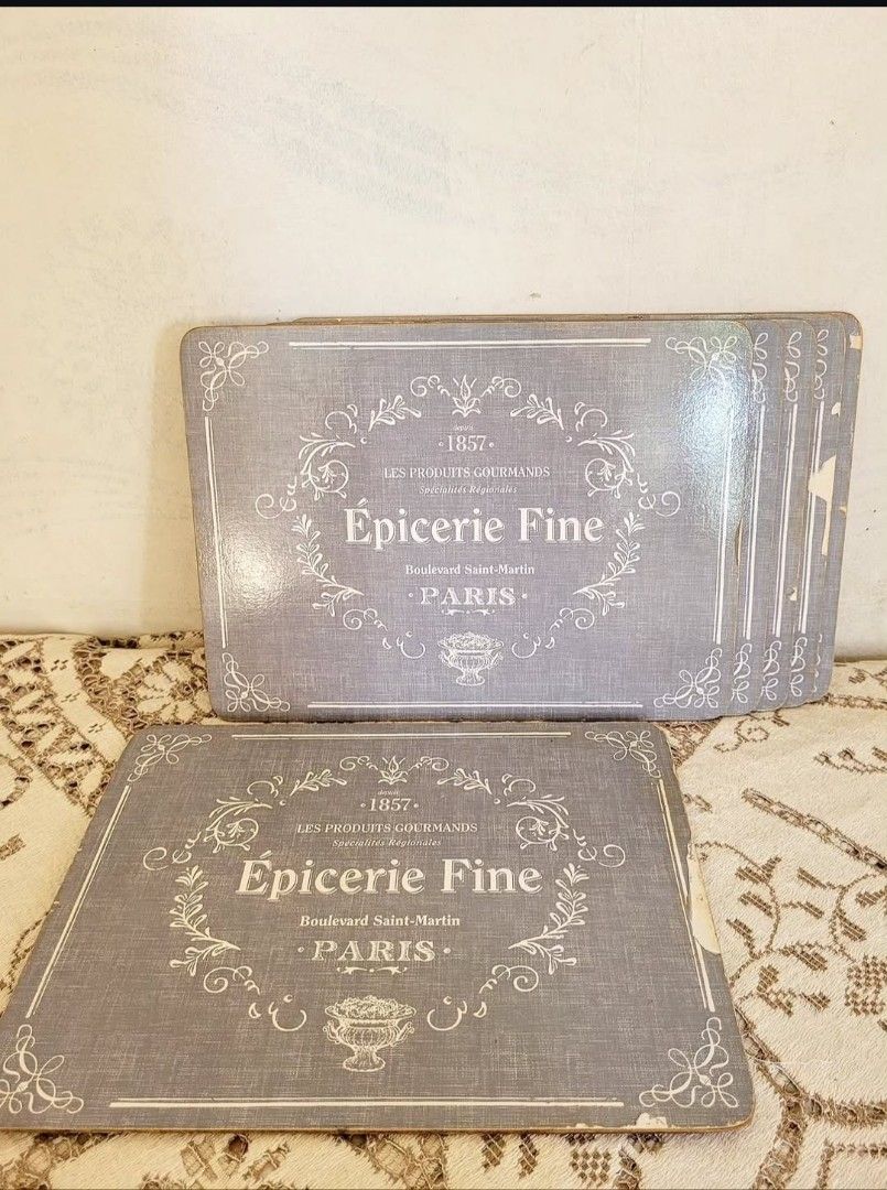 Rustic Vintage Style Placemats (Category: Coffee & Tea Tableware) located in Balanga. Submitted by marae_c (Listing ID 1460923191, Image 1). Description: In very good used condition. With minimal chip sa paints as seen sa pics. Parang naging design nalang rin. Got this as is condition. Still very much usable. Very pretty in actual. Rfs. Decluterring. Bought this for keeps sana kaso di ko magagamit rn. Need extra funds. Sold as set only. 6pcs.