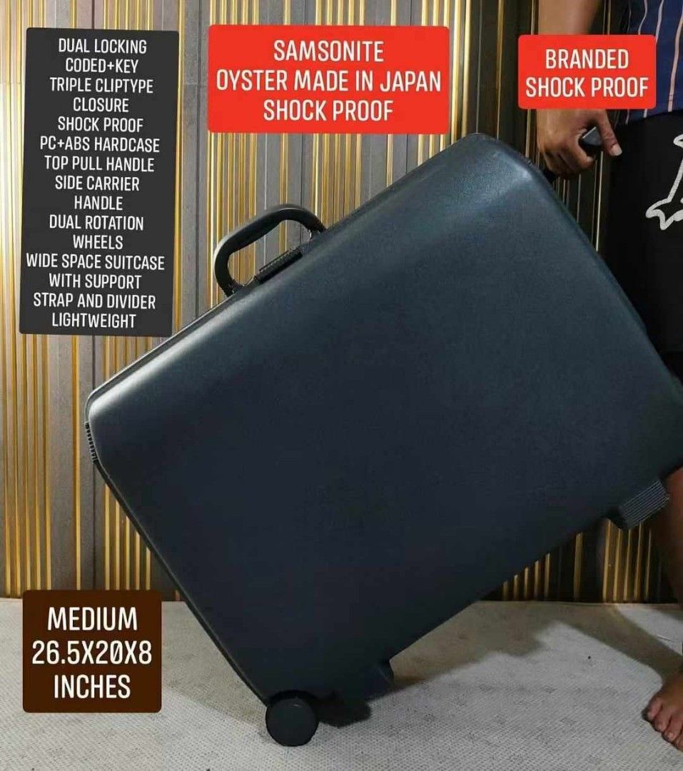 SAMSONITE OYSTER MEDIUM SIZE JAPAN LUGGAGE (Category: Luggage) located in Valenzuela. Submitted by se_japansurplus (Listing ID 1461033070, Image 1). Description: 📍SAMSONITE OYSTER📍 Japan Made Shock Proof ⚡⚡SALE NEW ARRIVAL ⚡⚡ MEDIUM SIZE DUAL LOCKS (CODED+KEY) ✨Triple Locking Cliptype With Security Coded lock AND key Lock ✨Shock Proof PC+ABS hardcase ✨Durable Dual Wheels ✨Top Push/Pull handle ✨Side Carrier Handle ✨Wide Space Suitcase with Suppo