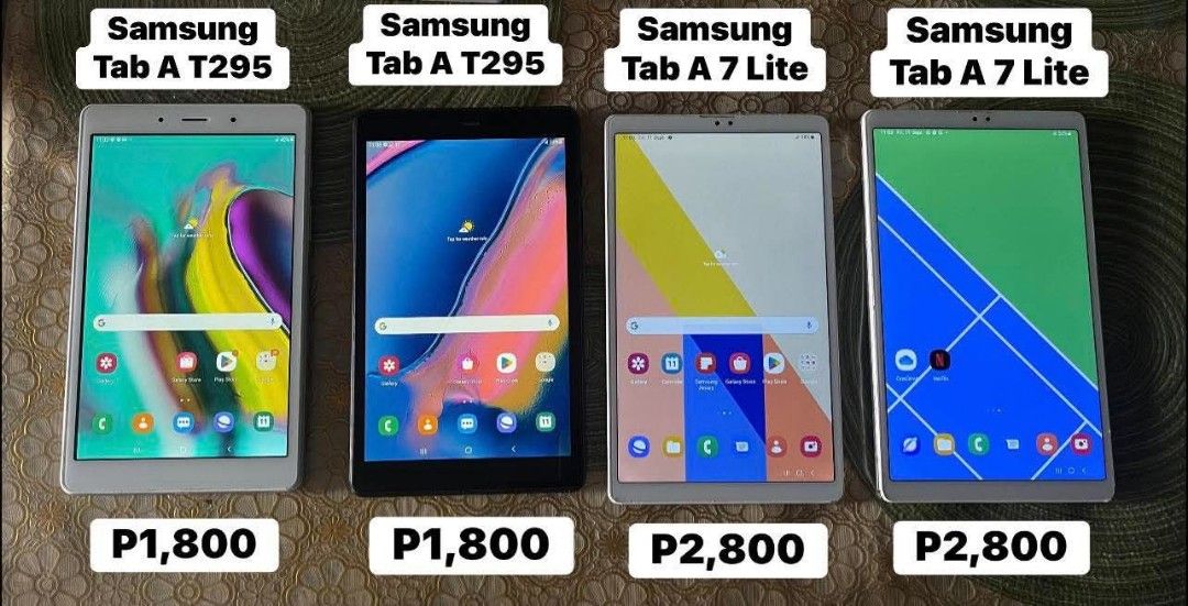 Samsung Tablet (Category: Android) located in Quezon City. Submitted by samsunggadgethub (Listing ID 1460941326, Image 1). Description: 100% Original/ NTC approved ✅IMEI✅Serial✅ Pick up/ Lalamove Pick up loc: Kabatuhan Road Brgy 🔴Samsung Galaxy Tab A T295🔴 2/32gb 8 inches 5100mah battery Wifi W sim slot Micro Usb 🔴Samsung Tab A7 Lite 🔴 3/32 gb Android 14 W face Recognition With sim slot Wifi 8.7 inches 5100mAh Battery.