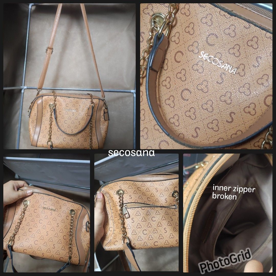 Secosana Monogram Shoulder Bag (Category: Shoulder Bags) located in Taytay. Submitted by zealflower.17 (Listing ID 1460923147, Image 1). Description: - Brown Secosana monogram shoulder bag - Includes both chain and leather straps - Inner zipper is broken - Selling as is.