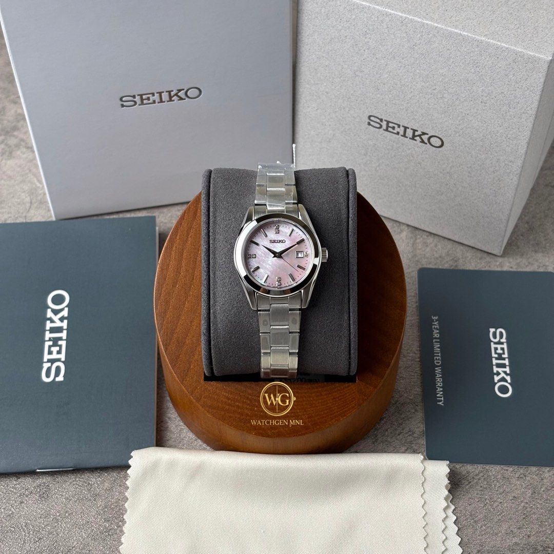 Seiko Selection HFH002P | HFH002 (Category: Women's Watches) located in Manila. Submitted by drhanlie (Listing ID 1461078234, Image 3). Description: Seiko Selection HFH002P | HFH002⌚️ FOR ONLY ₱14,990 ✅ Specs: Movement: 6N22 Quartz Crystal: Sapphire crystal with anti-reflective coating Case Size: 27.9mm × 33.9mm Thickness: 8.2mm Case Material: Stainless steel Dial: Pink mother-of-pearl with crystal glass Band: Stainless steel Water Resistance: 10