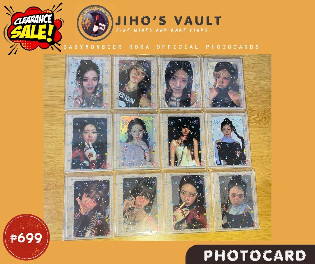 [SET] BABYMONSTER RORA OFFICIAL PHOTOCARDS (12pcs) (Category: Raw Singles) located in Pasig City. Submitted by jihosvault (Listing ID 1460948209, Image 1). Description: ★Strictly selling as set only for 699 (12 photocards) ★No to video condition since all photocards was immediately put inside top loader and fine grain sleeves upon purchase and also super discounted na below srp ★read more before buying https://verybeary.carrd.co/.