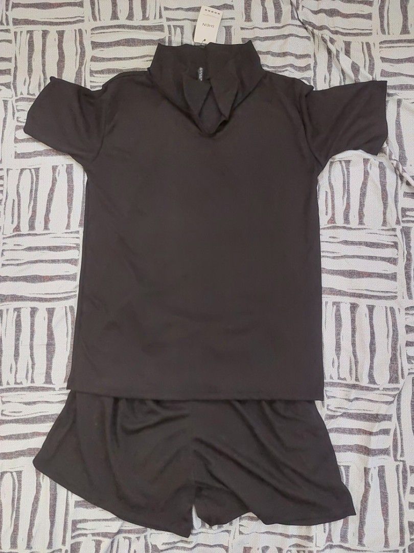 SHEIN Black Ribbed Terno (Category: Blouses) located in Malaybalay. Submitted by mags_sofia (Listing ID 1461013707, Image 1). Description: - Dark brown ribbed mock neck top with ribbed ahorts - Brand: SHEIN - Size: XS, can stretch up to M - Material: Nylon, Polyester, Elastane blend - Features: Short sleeves - Condition: Brand new with tags, never worn - Style: Versatile basic piece.