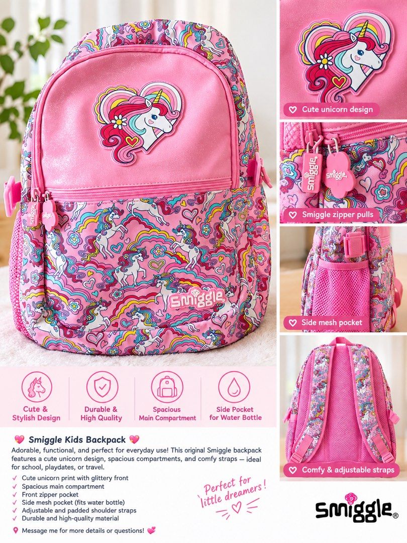 Smiggle Unicorn Backpack 🦄✨ (Category: Backpacks) located in Binan City. Submitted by prebylouise (Listing ID 1460973478, Image 1). Description: Super cute Smiggle unicorn backpack in pink! Perfect for school, playdates, travel, or everyday adventures. 🎀 ✨ Features: • Adorable unicorn design • Spacious main compartment • Front zippered pocket • Side mesh pocket for water bottle • Adjustable padded shoulder straps • Fun Smiggle zipper pulls • Cu