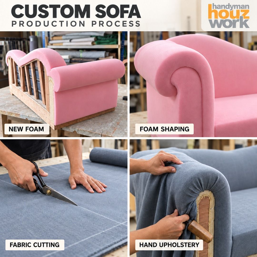 Sofa Bench (Category: Chairs) located in Kuala Lumpur. Submitted by handymanhouzwork (Listing ID 1460940352, Image 2). Description: CUSTOM SOFA IN PROGRESS 🛋️ A closer look at our custom sofa production—from new foam shaping and fabric cutting to careful hand upholstery. Every curve is shaped, wrapped and finished by our experienced upholstery team in Kuala Lumpur. Looking for a custom-made sofa or sofa upholstery service in KL & Klang Valley? H