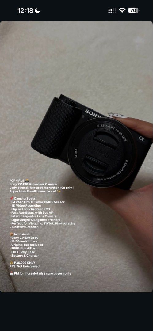 Sony ZV-E10 Mirrorless Camera with 16-50mm Kit Lens (Category: Cameras) located in Concepcion. Submitted by laughra (Listing ID 1461088039, Image 1). Description: Sony ZV-E10 mirrorless camera for sale. Lady owned and barely used, less than 10 times. It's in super clean condition and well taken care of. Includes the 16-50mm kit lens, original box, Ulanzi flash, jelly case, battery, and charger. Great for vlogging, TikTok, and photography..
