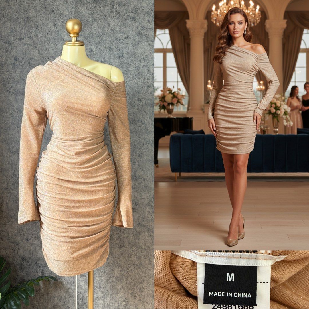 Sparkly One-Shoulder Ruched Mini Dress (Category: Dresses) located in Santa Rosa. Submitted by martess (Listing ID 1460959595, Image 1). Description: - Stunning gold sparkly dress - Flattering one-shoulder design - Long sleeves - Ruching all over for a comfortable and stylish fit - Subtle shimmer fabric - Ideal for parties or a night out - Size: Medium (M).