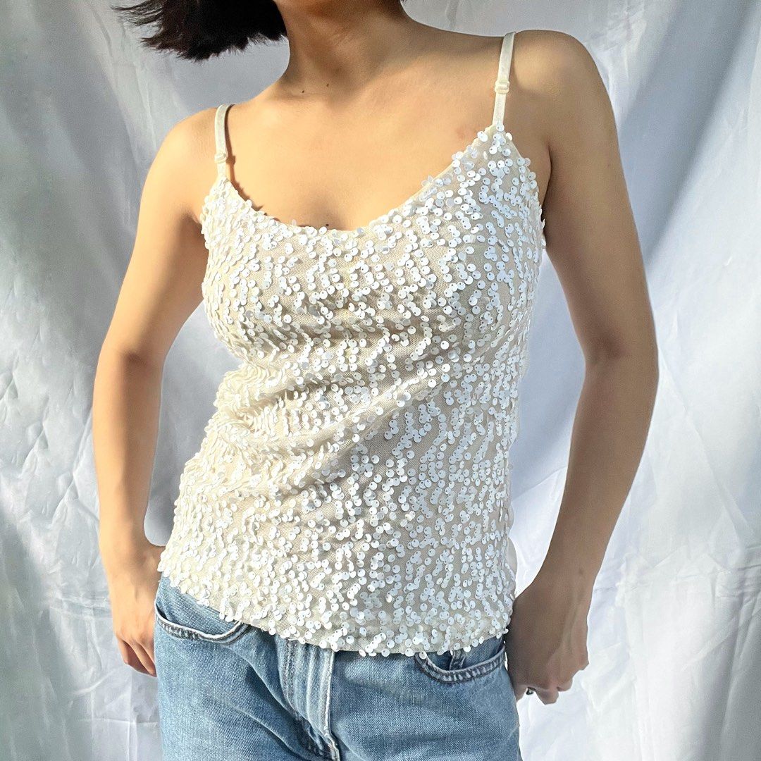 Sparkly Sequin Camisole Top (Category: Sleeveless) located in Manila. Submitted by demi.rewears (Listing ID 1460927076, Image 2). Description: Sparkling cream camisole with white sequins. Adjustable straps. Perfect for dressing up or down! Fits Small to Semi Medium Bust 28-32 Length 17.3.