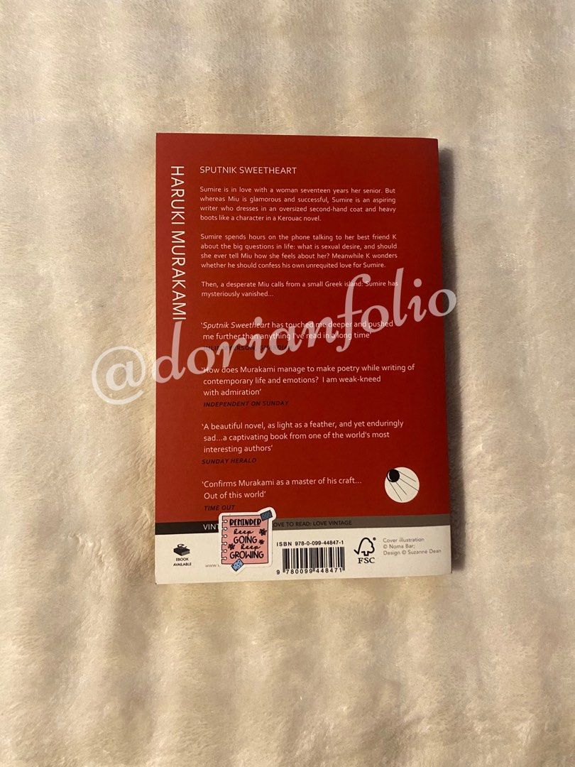 Sputnik sweetheart by Haruki murakami (Category: Storybooks) located in Manila. Submitted by dorianfolio (Listing ID 1460954113, Image 2). Description: Sputnik Sweetheart — Haruki Murakami No annotations or markings. Very minimal signs of use. 📍 LOC: Pasig MOP: GCash MOD: J&T / Lalamove (buyer books rider) Message me for inquiries or to reserve. ♡ .