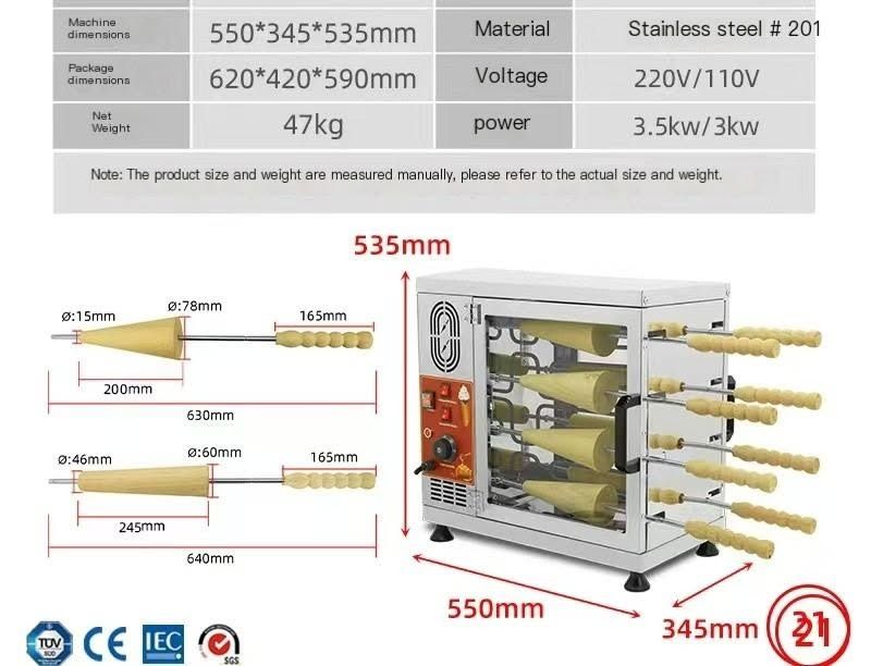 Stainless Steel Trdelnik Maker with 8 Cones (Category: Coffee Machines & Makers) located in Quezon City. Submitted by trustrade86136 (Listing ID 1460985698, Image 1). Description: 🍰 Chimney Cake Oven Code : 202609-221 • Machine dimensions: 550 × 345 × 535 mm • Material: Stainless Steel #201 • Voltage: 220V / 110V, 60Hz • Power: 3.5KW / 3KW • Net weight: 47 kg • Requires junction box / air switch • Production Lead Time: 10 days 💰 ₱36,897.00 🛒 M