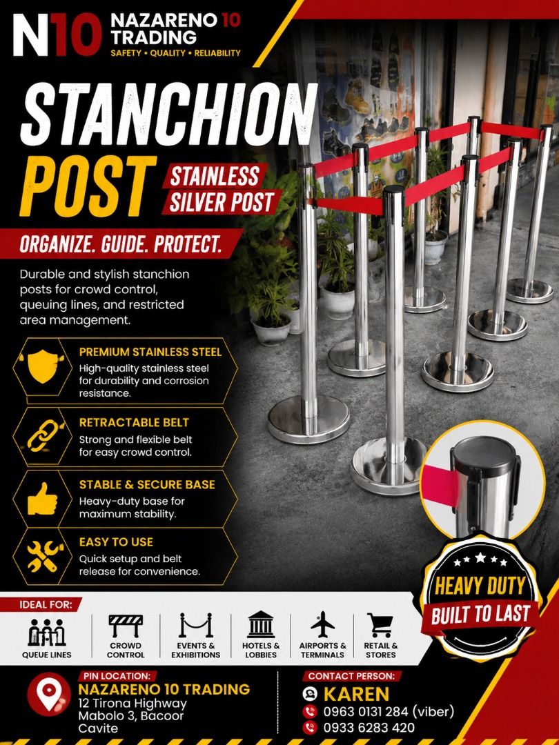 STANCHION POST WITH RETRACTABLE BELT (Category: Looking For) located in Bacoor. Submitted by kajezame.2021 (Listing ID 1460986950, Image 1). Description: STANCHION POST WITH RETRACTABLE BELT For More Details and Discount Contact Ms. Karen NAZARENO 10 TRADING 0963 0131 284 0933 6283 420 0956 7028 557 0933 8559 510 Landline: Look for Ms. Karen (046 ) 416 3920 Also available: • Traffic cone • Parking Block stopper • Hooded trash bin • Road Plastic B