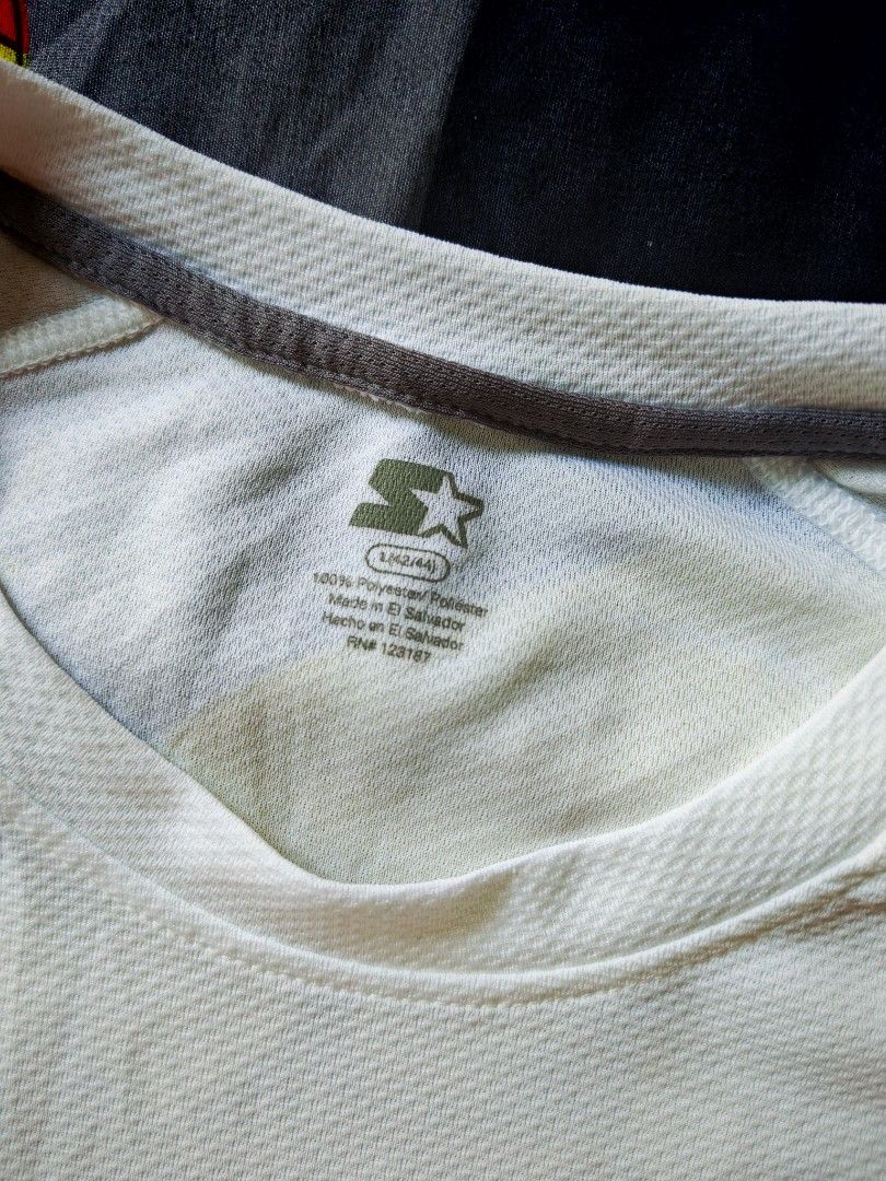 Starter brand drifit shirt (Category: Activewear) located in Mandaluyong City. Submitted by fiercestorm.31 (Listing ID 1461004223, Image 3). Description: starter drifit shirt white excellent condition 22W 27L medium to large.