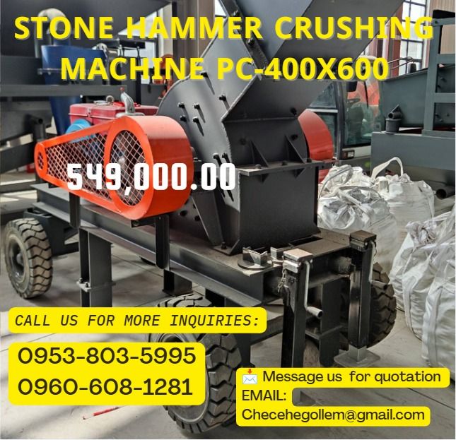 Stone Hammer Crushing Machine PC-400x600 (Category: Construction Tools & Equipment) located in Caloocan City. Submitted by happystorm_d41630 (Listing ID 1460927149, Image 1). Description: ●Hopper size: 480x370 mm ●Power: 36HP diesel engine ●Processing capacity: 10-15 t/h ●Output size: 3-5mm (can be customized) ●Hammers: 20 pcs (5 kg each) ●Weight: 1200 kg ●5CBM after packing .