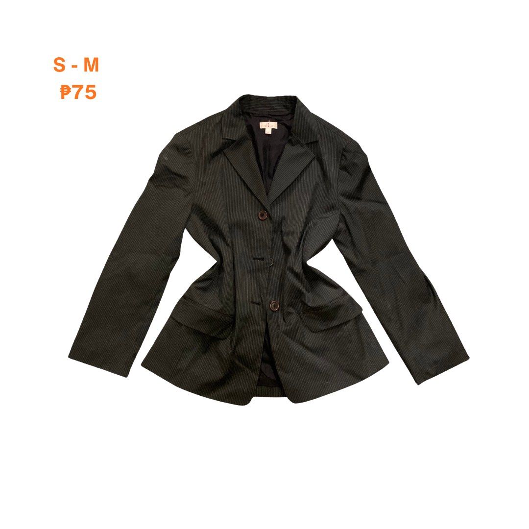 Striped Blazer Jacket Size (Category: Coats, Jackets and Outerwear) located in Pasig City. Submitted by orange.thrift (Listing ID 1461051516, Image 1). Description: - Dark grey blazer with subtle vertical pinstripes - Two-button front closure - Two flap pockets - Ideal for smart casual or office wear - Fits size S to M.