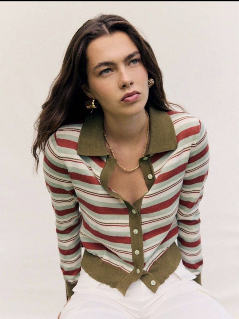 Striped Collared Button-Up Cardigan (Category: Coats, Jackets and Outerwear) located in Angeles City. Submitted by lesmiz24601 (Listing ID 1460972825, Image 3). Description: - Green, red, and white striped cardigan - Collared neckline with button-up front - Long sleeves with ribbed cuffs - Ribbed hem - Versatile for layering, wear open or closed.