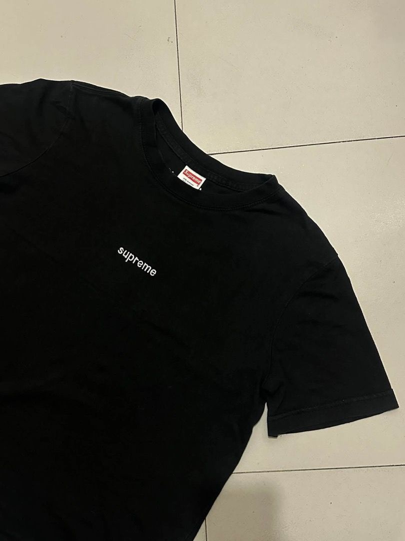 SUPREME black shirt (Category: Tshirts & Polo Shirts ) located in Manila. Submitted by nb_thriftshop (Listing ID 1461083219, Image 3). Description: supr3me t shirt 24 length 19.5 width height 5'5 weight 65kg medium no issue need wash.