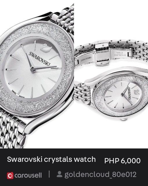 Swarovski Crystals Watch (Category: Women's Watches) located in Valenzuela. Submitted by goldencloud_80e012 (Listing ID 1461101371, Image 1). Description: - Authentic Swarovski Watch - Sparkling Crystals around Bezel - Silver-Tone Stainless Steel Band - Silver Dial with Silver Hour Markers & Hands - Features Swarovski Swan Logo - Swiss Made - Clasp Closure.