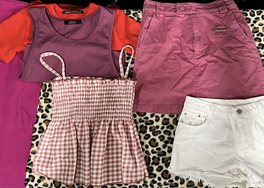 !TAKE ALL! (Category: Others Tops) located in San Pedro. Submitted by sie_declutters (Listing ID 1460977619, Image 1). Description: Condition: •Leggings - Like new. Both fits medium Pink: 5’0 minimum height Red: 5’3 minimum height •Tops - Red: used w/o flaws (fits XS-M stretchable) - Magenta: has not been used (fits XS-S) - Pink Checkered: used thrice w/o flaws (One Size) •Bottoms - Pink Skirt: bought from ukayan (but only used it twice) it has a