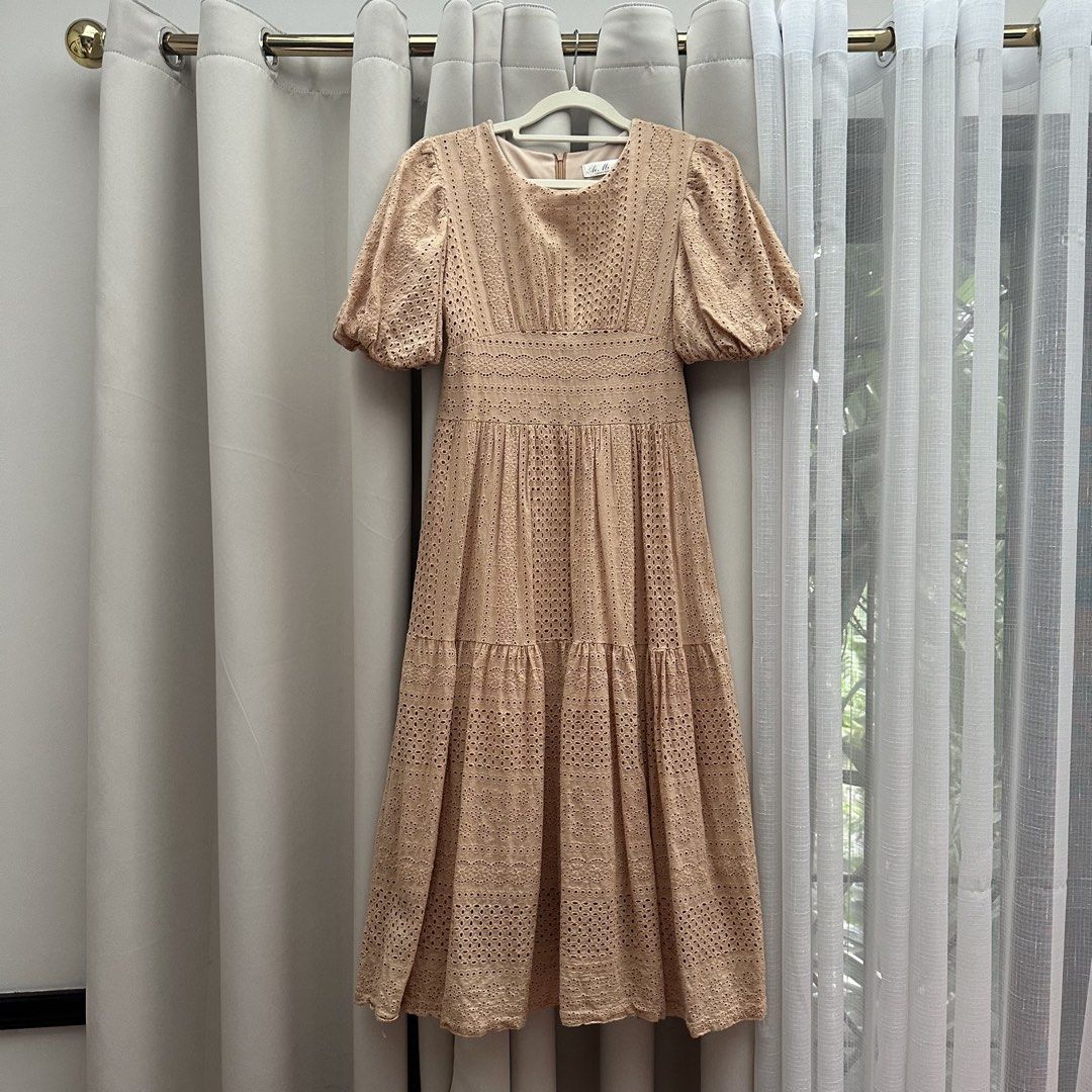 Tan Eyelet Ruffle Dress (Category: Dresses) located in Cainta. Submitted by tooonico (Listing ID 1461024195, Image 1). Description: Beautiful heavyweight material! Fave! Runs small RFS: Decluttering MOP: GCash/Maya/Maribank/UB .
