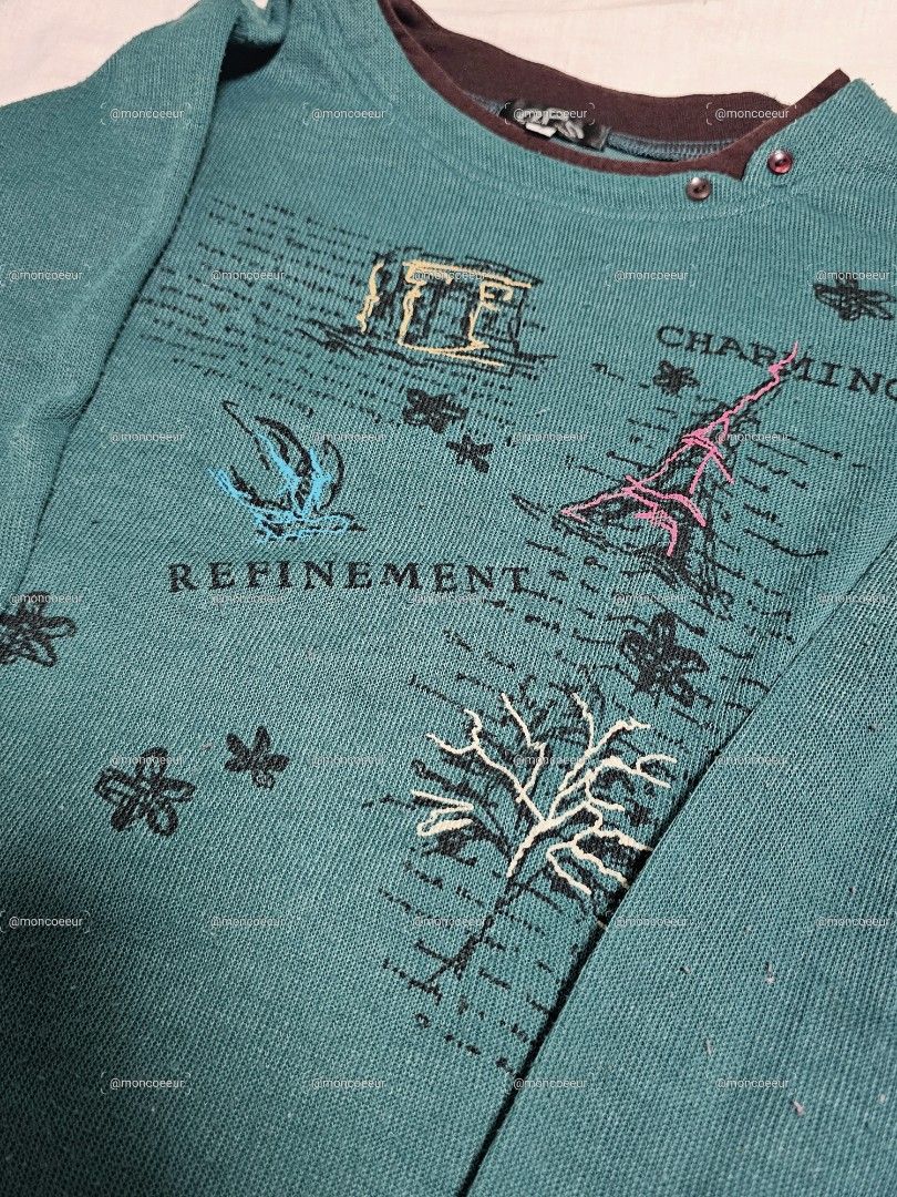 teal long sleeve sweater with graphic (Category: Coats, Jackets and Outerwear) located in Guinobatan. Submitted by moncoeeur (Listing ID 1461095542, Image 2). Description: — size small on tag but fits until medium — features eiffel tower graphic print.
