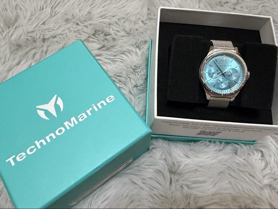 TechnoMarine Watch - Blue Dial (Category: Luxury Watches) located in Manila. Submitted by bravewolf-126304 (Listing ID 1461078355, Image 3). Description: ✨ Beautiful light blue/turquoise dial ✨ Stainless steel case with mesh bracelet ✨ Day, date & 24-hour subdials ✨ Comes with original box ✨ Excellent condition ✨ Working properly RFS: Not used. Decluttering 😊.