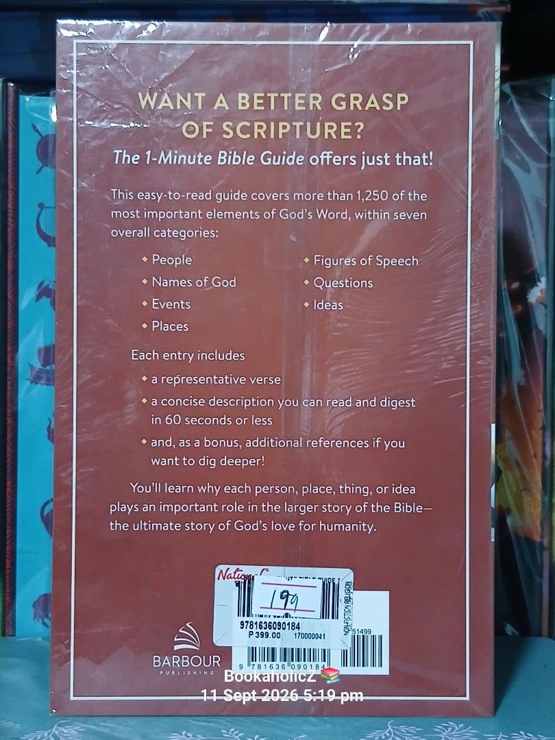 The 1-Minute Bible Guide Quick Easy-to-Read Entries (Category: Children's Books) located in Antipolo. Submitted by bookaholicz_dettori (Listing ID 1461009859, Image 3). Description: Easy-to-read guide covers more than 1,250 important elements of God's Word. It's organized into seven overall categories: People, Names of God, Events, Places, Figures of Speech, Questions, and Ideas. Each entry includes a representative verse, a concise description y
