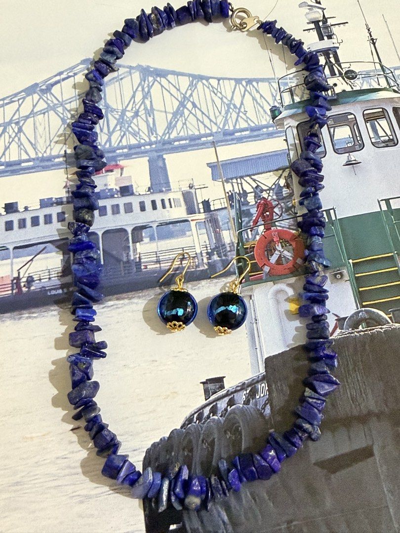 Ocean-inspired jewelry deep blue tones (Category: Necklaces) located in Pasig City. Submitted by smartshopping.ph (Listing ID 1461073245, Image 1). Description: This ocean-inspired jewelry collection shifts to rich, deep blue tones: 1. Lapis Lazuli Chip Necklace - 1300 php 2. Murano Glass Blue Drop Earrings - 500 php.