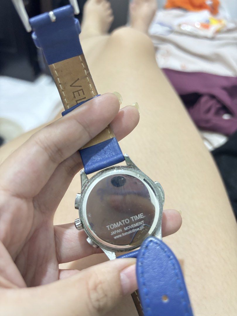 Tomato Time Japan Movement Watch Blue Leather Strap (Category: Women's Watches) located in Lapu Lapu. Submitted by affordmo (Listing ID 1461095693, Image 2). Description: - Tomato Time watch with reliable Japan movement. - Stylish blue leather strap. - Watch face includes day, date, and moon phase indicators. - Minor cosmetic wear on the casing. - Working.