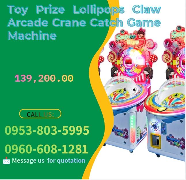 Toy Prize Lollipops Claw Arcade Crane Catch Game Machine (Category: Infant Playtime) located in Caloocan City. Submitted by gracemonle62168 (Listing ID 1460931640, Image 1). Description: ●Model NO: EP-G022 ●Size: L73*W74*H152 CM ●Weight:50KG ●Power: 100W ●Player:1 Player ●Packing Size:0.83*0.89*1 M .