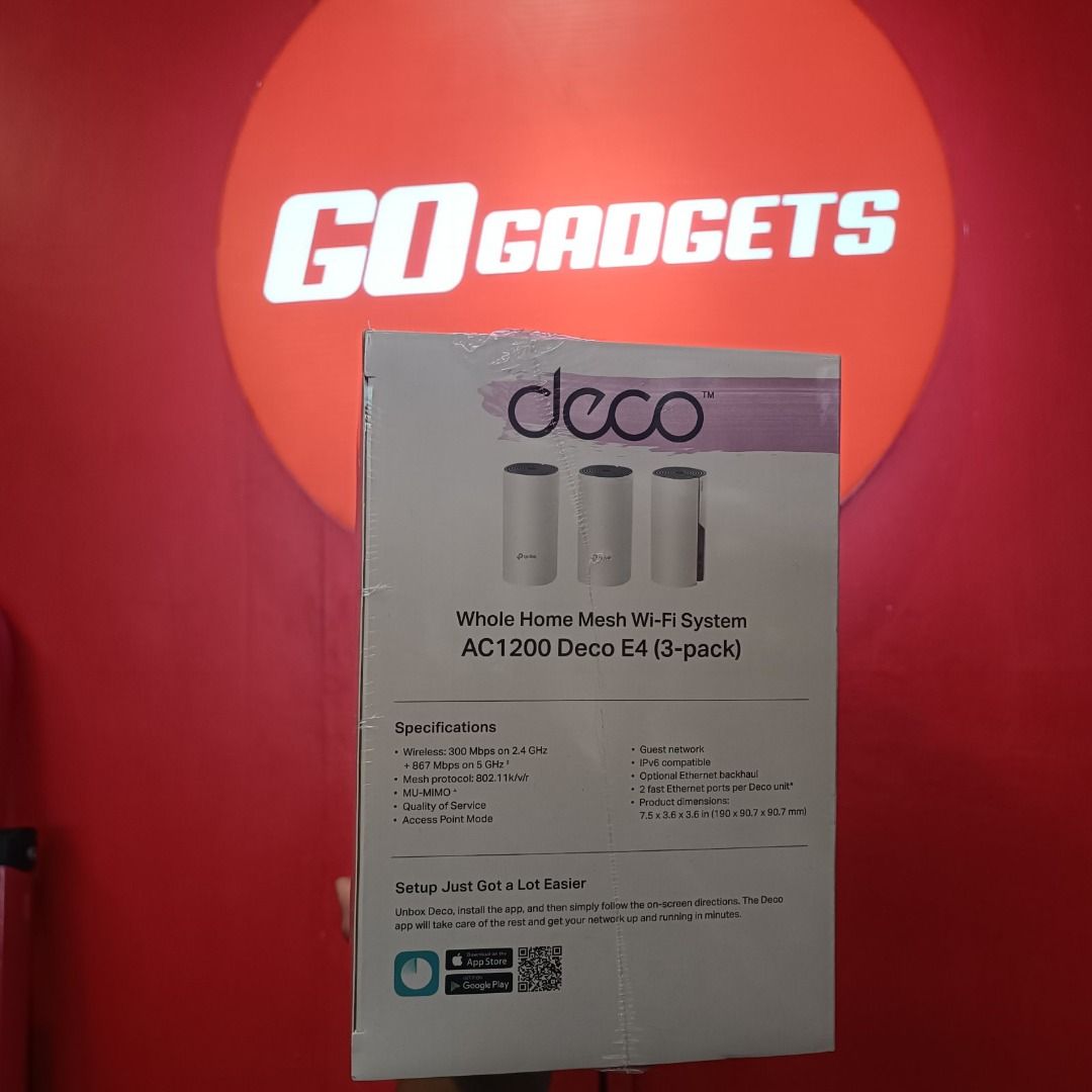 TP-Link AC1200 Deco E4 Whole Home Mesh Wi-Fi System (3-pack) (Category: Networking) located in Caloocan City. Submitted by kentsalvador31 (Listing ID 1460950706, Image 1). Description: TP-Link Deco E4 AC1200 Whole Home Mesh WiFi System 3PACK Go Gadgets - Kawit Cavite 💬 Message us now for full specs & recommendations! 🌐 Suitable for: ✅ Home WiFi upgrade ✅ Whole-home WiFi coverage ✅ Condo / apartment WiFi ✅ Office WiFi setup ✅ Business WiFi setup