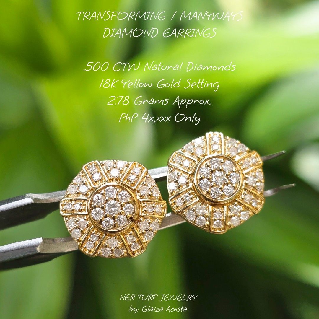 TRANSFORMING / MANY WAYS DIAMOND EARRINGS (Category: Earrings) located in Quezon City. Submitted by her_turf (Listing ID 1461008634, Image 1). Description: Transforming diamond earrings. Features 500 CTW natural diamonds set in 18K yellow gold. Weighs approximately 2.78 grams. Price is PHP 4x,xxx only. Free LBC shipping with insurance within NCR and near provinces. Provincial shipping takes 3-5 business days. Meet-ups available at Camella Bulacan