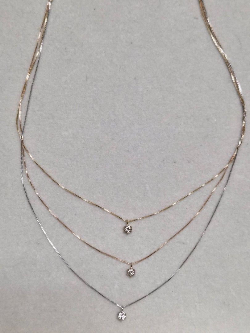 Tricolor layered necklace (Category: Necklaces) located in Marikina City. Submitted by 000christina000 (Listing ID 1460950343, Image 1). Description: 0.30ct natural diamond 18k yg,rg platinum chain 18" venetian chain.
