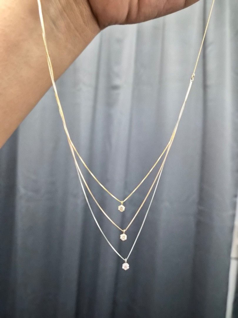 Tricolor layered necklace (Category: Necklaces) located in Marikina City. Submitted by 000christina000 (Listing ID 1460950343, Image 2). Description: 0.30ct natural diamond 18k yg,rg platinum chain 18" venetian chain.