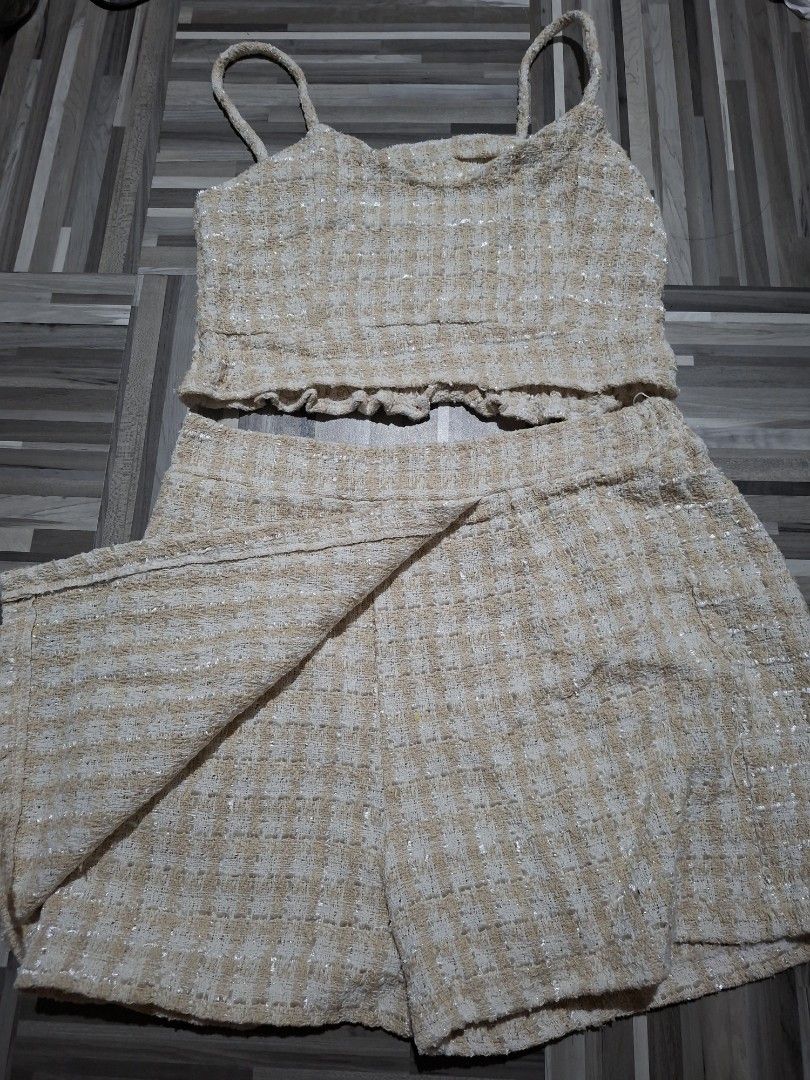 Tweed Crop Top, Blazer, and Shorts Set (Category: Sets or Coordinates) located in Cavite. Submitted by hermione.2000 (Listing ID 1461082183, Image 2). Description: - Cream and beige tweed set - Includes cropped cami top, structured blazer, and matching shorts - Blazer features elegant pearl button details - Perfect for a chic and sophisticated look - Worn only once for a special event.