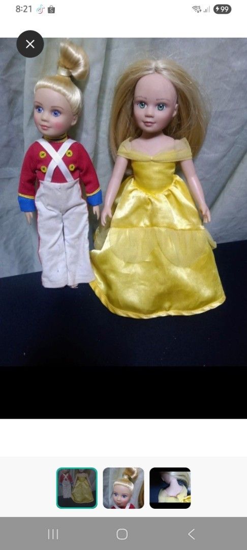 Two Dolls - Prince and Princess (Category: Kids Toys) located in Davao. Submitted by bravemoon_556cd5 (Listing ID 1460983264, Image 1). Description: - Set of 2 dolls: Prince and Princess - Prince doll: Red jacket, white pants - Princess doll: Yellow gown - Both dolls have blonde hair and blue eyes - Ideal for playtime or as decorative display pieces.
