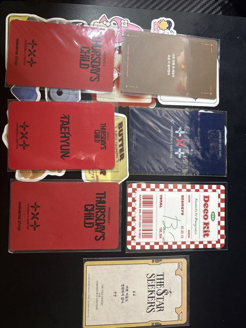TXT Original Photocards Set (Category: K-Wave Merchandise) located in Taguig. Submitted by 4ly.finds (Listing ID 1461071962, Image 2). Description: -taehyun star seekers rpc - taehyun jpn weverse pob (2nd jpn album) - hk thursday’s child holo - taehyun thursday’s child - soobin thursday’s child holo (has big visible factory defect) - beomgyu star seekers - beomgyu deco kit nrpc RFS: not stan anymore :( Mod: sdd around mm/meetup - can lower price 