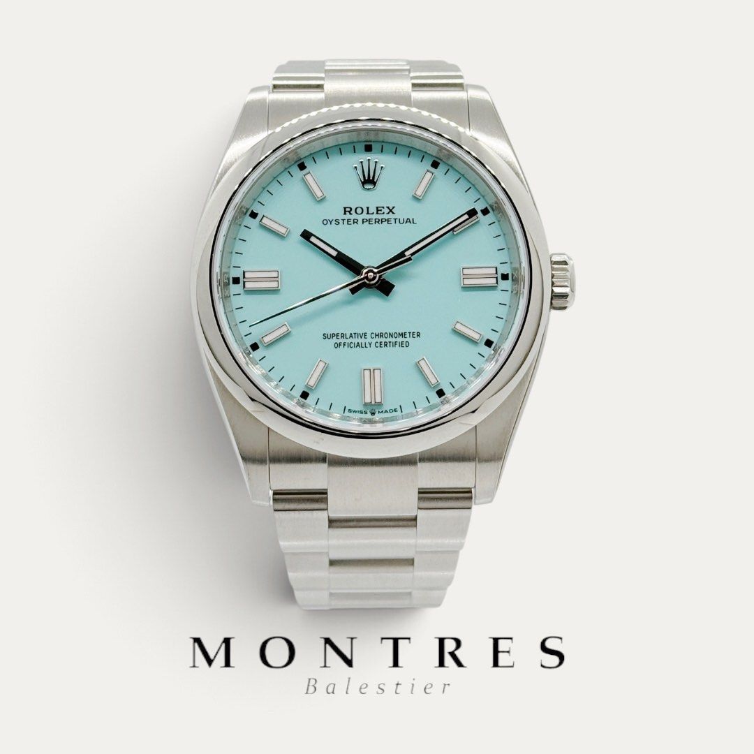 Unworn August 2026 Rolex 36MM Oyster Perpetual 126000 Tiffany Turquoise Dial (New Wooden Card) (Category: Watches) located in Singapore. Submitted by montresbalestier (Listing ID 1460952350, Image 1). Description: Please follow us for updates on our latest watches! Brand: Rolex Model: Oyster Perpetual Reference: 126000 Size: 36MM Material: Stainless Steel Dial: Tiffany Turquoise Condition: Unworn, unsized, double tags Warranty: Dated August 2026 