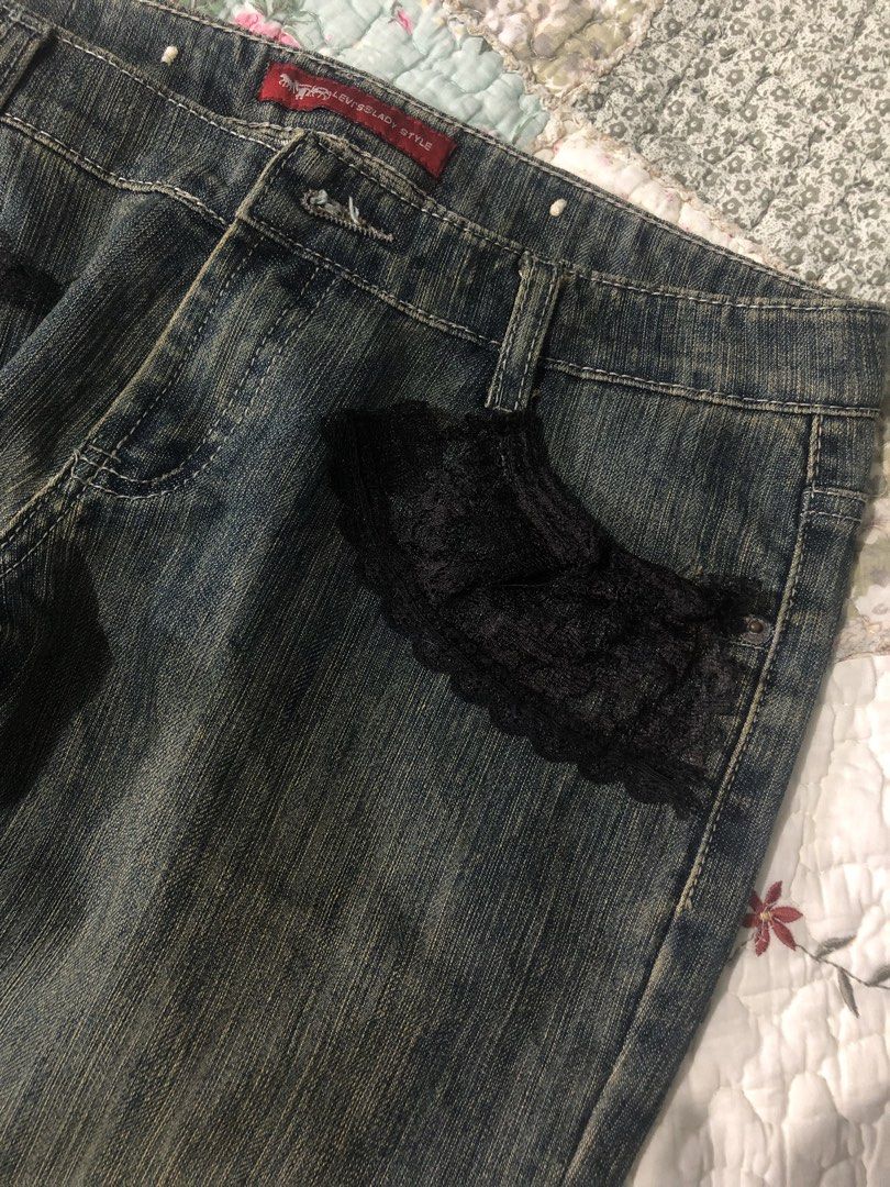 Upcycled Lace Jeans (Category: Jeans) located in Mexico. Submitted by starduchess (Listing ID 1460953763, Image 3). Description: waist: 33 inch length: 34 1/2 inch 𓏵 all items are washed but still wash it before wearing 𓏵 limit your expectations as this item is handpicked/ thrifted, this is a resell items 𓏵 color may vary due to lighting 𓏵 all items are in good condition unless stated with minor flaws.