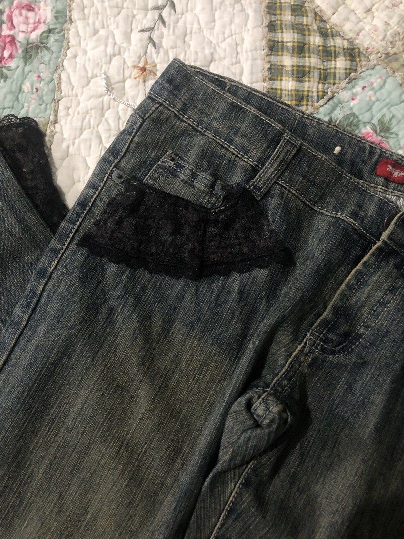 Upcycled Lace Jeans (Category: Jeans) located in Mexico. Submitted by starduchess (Listing ID 1460953763, Image 2). Description: waist: 33 inch length: 34 1/2 inch 𓏵 all items are washed but still wash it before wearing 𓏵 limit your expectations as this item is handpicked/ thrifted, this is a resell items 𓏵 color may vary due to lighting 𓏵 all items are in good condition unless stated with minor flaws.