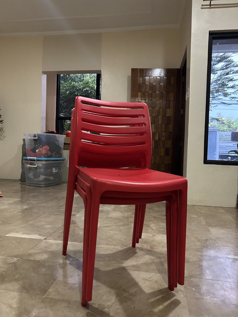 URATEX Red Plastic Chairs (Set of 3) (Category: Chairs) located in Pasig City. Submitted by simplylizzy (Listing ID 1461016720, Image 1). Description: - Set of 3 plastic chairs (uratex) - Suitable for indoor and outdoor use - easy to clean and maintain loc: bf homes, paranaque rfs: declutter .