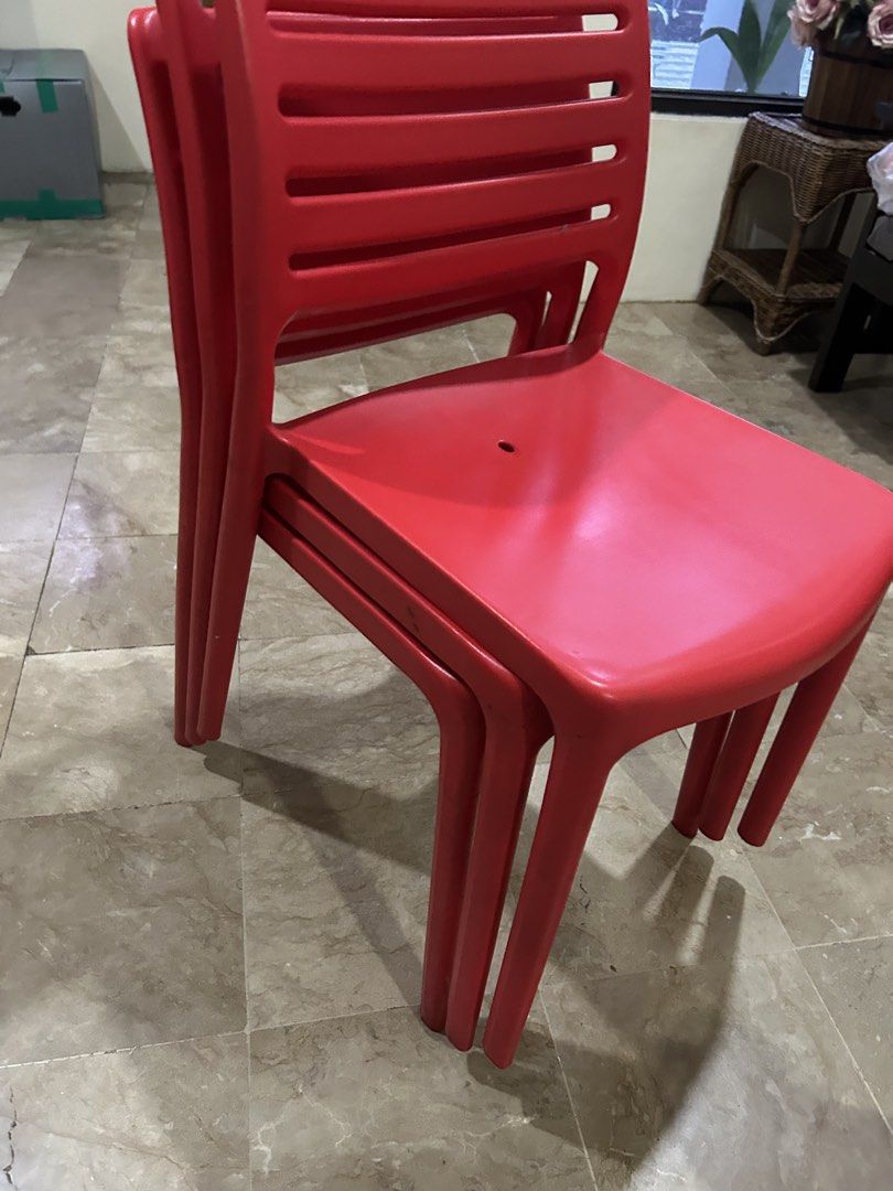 URATEX Red Plastic Chairs (Set of 3) (Category: Chairs) located in Pasig City. Submitted by simplylizzy (Listing ID 1461016720, Image 2). Description: - Set of 3 plastic chairs (uratex) - Suitable for indoor and outdoor use - easy to clean and maintain loc: bf homes, paranaque rfs: declutter .