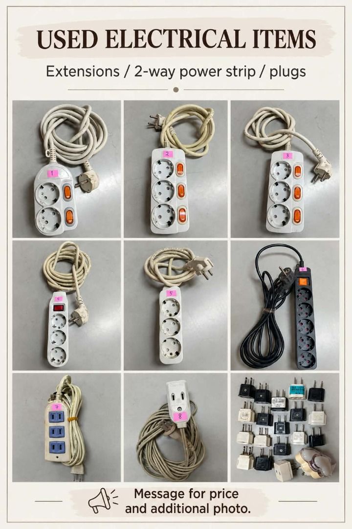 Used Electrical Extension Cords, Power Strips, and Plugs (Category: Electrical, Adaptors & Sockets) located in Binan City. Submitted by croti_by_juliechi (Listing ID 1460960370, Image 1). Description: FOR SALE: Used Electrical Extension Cords, Power Strips, and Plugs Php1 PM for price and additional photo Location/Pick-up: BCPI (Best Chemicals & Plastics, Inc.) PTC, Brgy. Maduya, Carmona, Cavite Mon–Fri, 8AM–4PM (except sat-sun-holiday) https://s