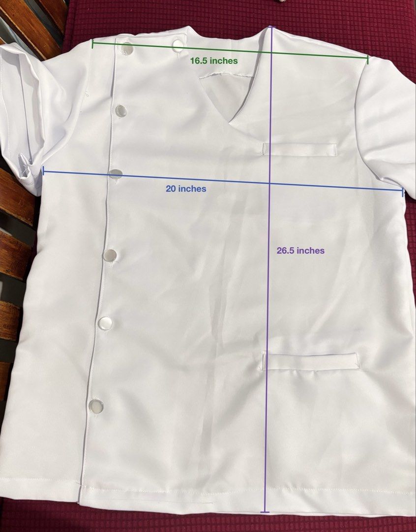 V Neck White Med Uniform (Armani Fabric) (Category: Sets & Coordinates) located in Manila. Submitted by ramzieee (Listing ID 1461071067, Image 3). Description: 🥼 V Neck Medical Uniform Set 🧵 Fabric: Armani 🔢: 3 Sets of Uniform (₱950/set or ₱2800 take all) 📐 Size & Measurements (Laid Flat) 📏 Top --Shoulder Width: 16.5 inches --Chest (Armpit to Armpit): 20 inches (fits up to ~38"–40" chest) --Total Length: 26.5 inches --Sleeve Length: 9.5 inch