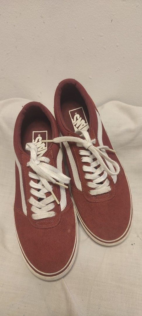 Vans Off The Wall Red Suede Sneakers (Category: Sneakers) located in Manila. Submitted by thea.magz (Listing ID 1461013050, Image 1). Description: -ORIGINAL: Red Vans sneakers for women - Suede material with iconic white side stripe - Size: 6.5 US Women's - Condition: Minor scuffs on white soles from normal wear and flaws Logo at the back - Perfect for casual outings and everyday style RFS: Decluttering Shipping c/o buyer.