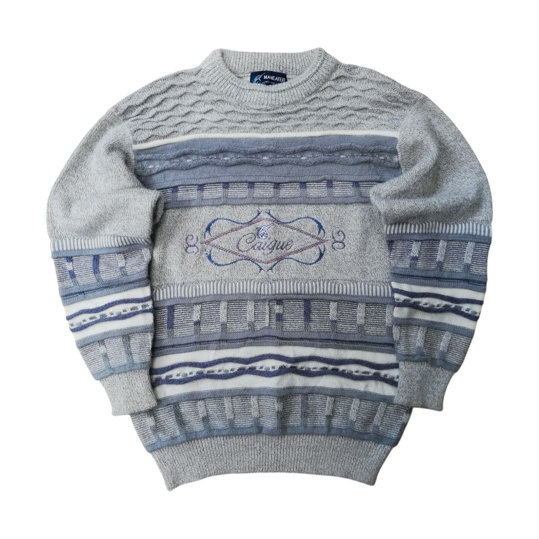 Vintage Maneater Grey Blue Patterned Knit Sweater (Category: Coats, Jackets and Outerwear) located in Cadiz. Submitted by hunteer (Listing ID 1460972870, Image 1). Description: For Sale! ‎ ‎ ‎ ‎Vintage 1990s Textured Knit Crewneck Sweater ‎ ‎ ‎ ‎• In Excellent, 9 out of 10 color rate ‎ ‎• 100% Wool ‎ ‎• Legit, check wash tag for authenticity ‎ ‎• Color: Washed Blue ‎ ‎• Dimes: Direct Chat ‎ ‎• Issue: Pin hole ‎ ‎• Ready for shipping, fix price ‎ 