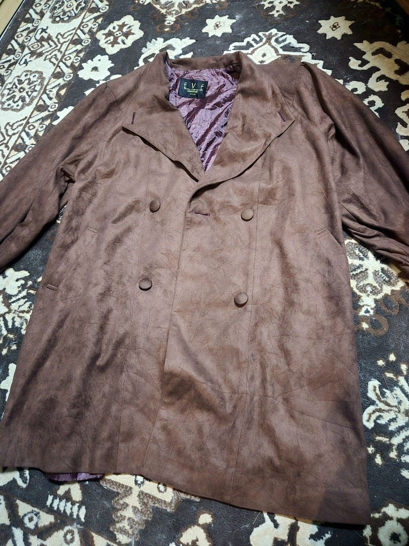 Vintage Suede Long Coat (Category: Coats, Jackets and Outerwear) located in Manila. Submitted by oki.ukay (Listing ID 1461102110, Image 2). Description: choco brown color on actual dimensions are on the picture.