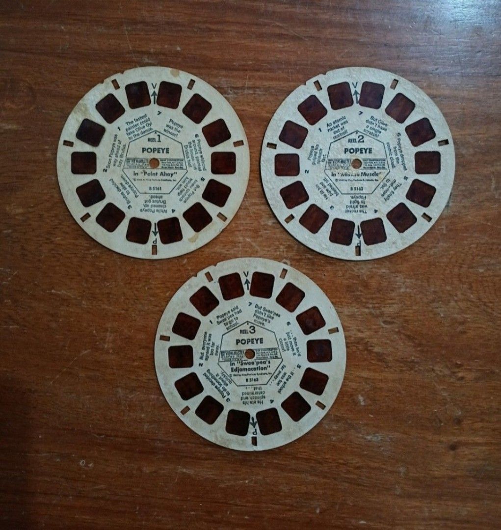 Vintage View Master Popeye Reels 1, 2, and 3 (Category: Vintage Collectibles) located in Bulacan. Submitted by honhonliz (Listing ID 1460986010, Image 1). Description: - Set of 3 View-Master reels featuring Popeye - From the "Paint Ahoy" series - Includes Reels 1, 2, and 3 - Each reel contains 7 images with accompanying text - Perfect for collectors or as a fun retro toy⁸ Reel 1 (B 5161): Popeye in "Paint Ahoy" Reel 2 (B 5162): Popeye in "Missile