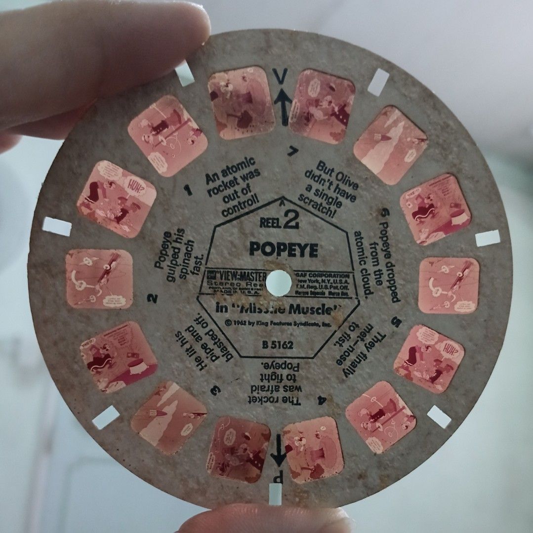 Vintage View Master Popeye Reels 1, 2, and 3 (Category: Vintage Collectibles) located in Bulacan. Submitted by honhonliz (Listing ID 1460986010, Image 3). Description: - Set of 3 View-Master reels featuring Popeye - From the "Paint Ahoy" series - Includes Reels 1, 2, and 3 - Each reel contains 7 images with accompanying text - Perfect for collectors or as a fun retro toy⁸ Reel 1 (B 5161): Popeye in "Paint Ahoy" Reel 2 (B 5162): Popeye in "Missile