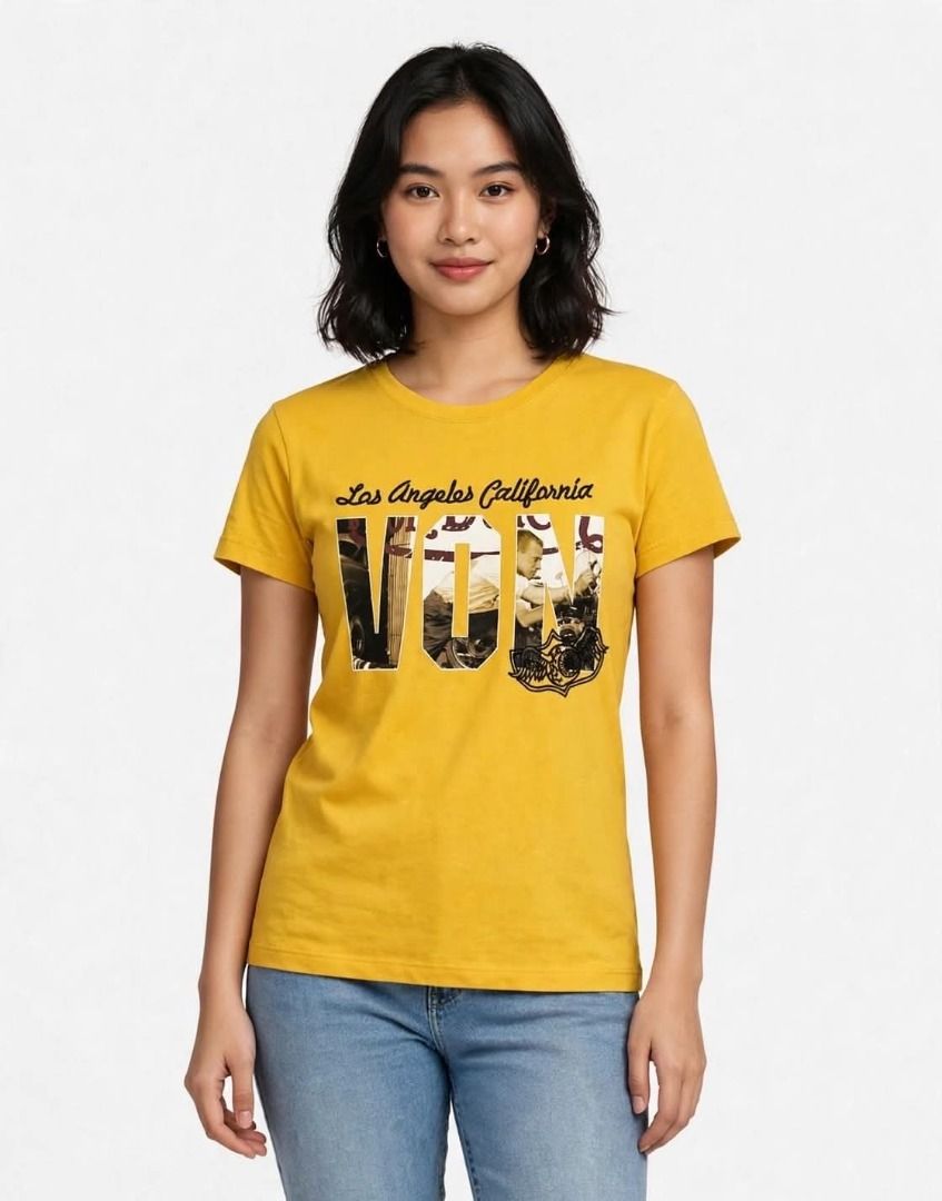 VON Graphic T-Shirt#60 (Category: Tshirts & Polo Shirts ) located in Caloocan City. Submitted by outfitloop (Listing ID 1461059684, Image 1). Description: - Features 'Los Angeles California' and 'VON' graphic print - Classic short sleeves - Ideal for everyday casual wear IMPORTANT: • 1st photo is an AI styling/model preview for reference on how the item may look when worn. • Please refer to the actual photos for the item’s true appearance and con